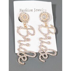 Gold Tone‎ Rhinestone Bride Dangle Earrings Faux Pearl Pave Long